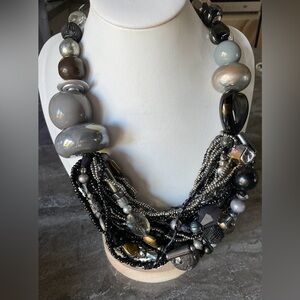 Statement Multi-Strand Necklace - Black, Gray, Silver